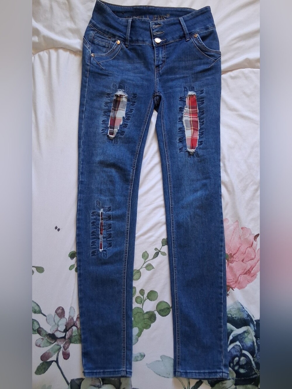 Vintage Y2K Distressed Skinny Jeans with  Red Plaid Inset & Bold Stitching
